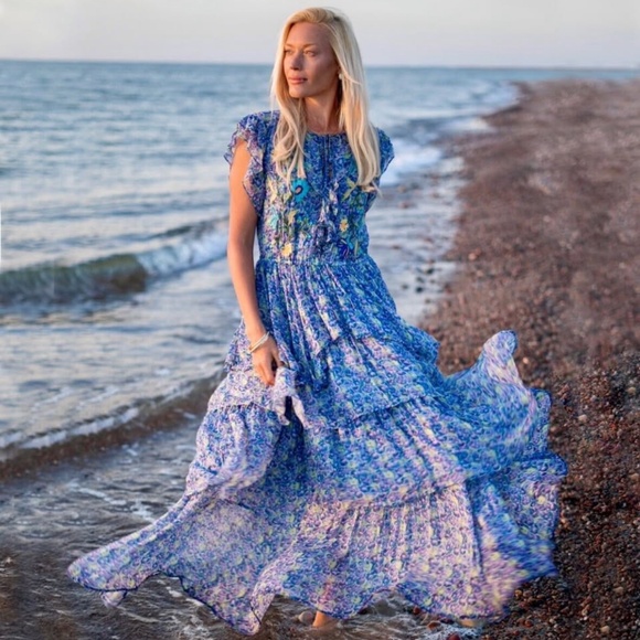 Sundance flowy maxi tiered dress, embroidered with touches of feminine detail